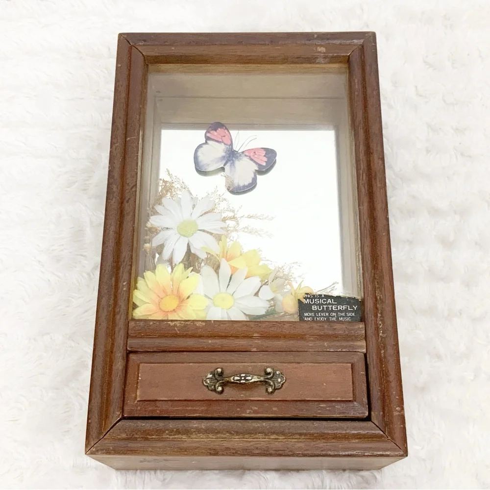 Vintage 1978 George Good Flying Butterfly Mirror Musical Jewelry Shadow Box